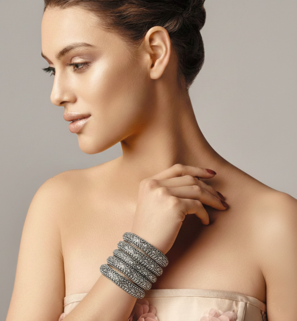 Set Of 4 Oxidized Silver-Plated Classic Intricate Textured Bangles / Bracelets