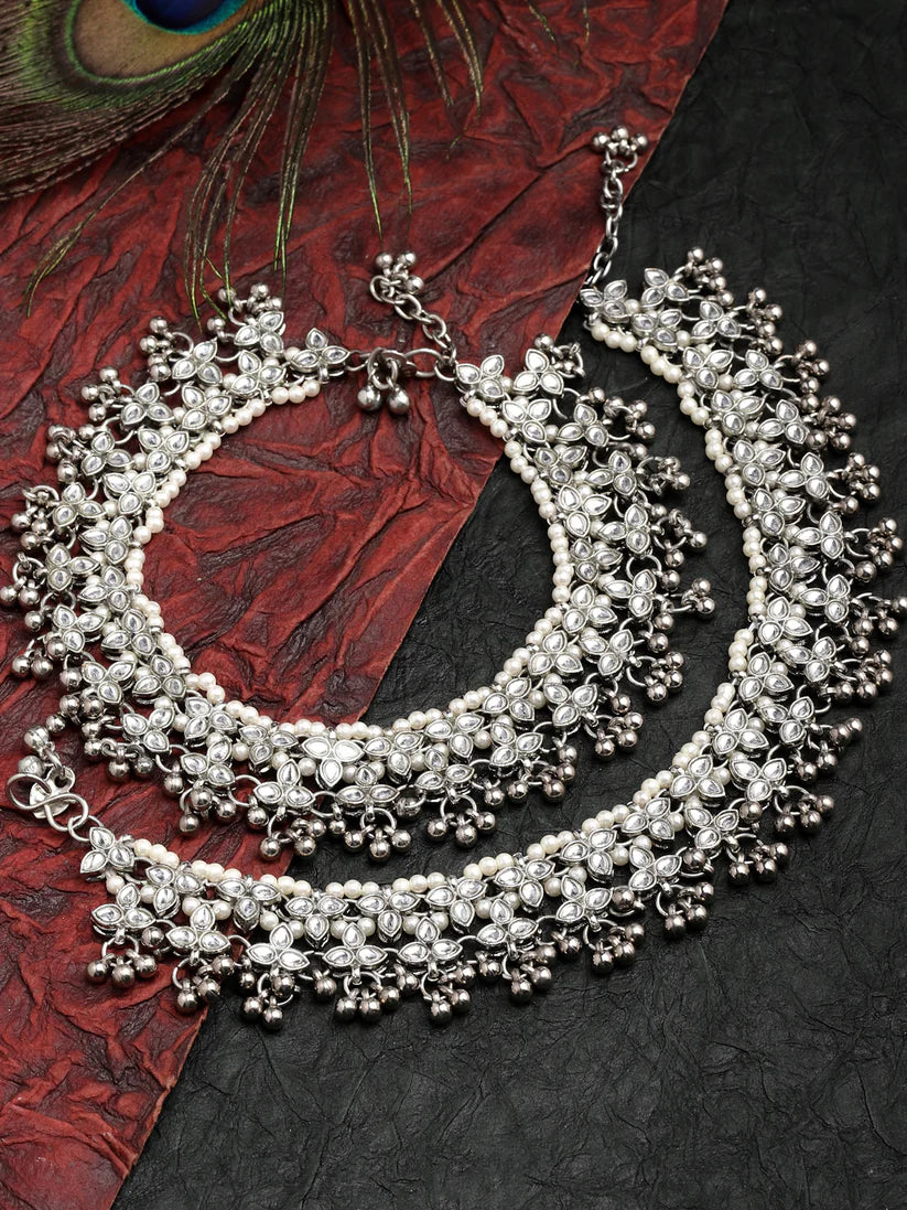 Oxidised Silver Floral Kundan pair of Anklets for Women