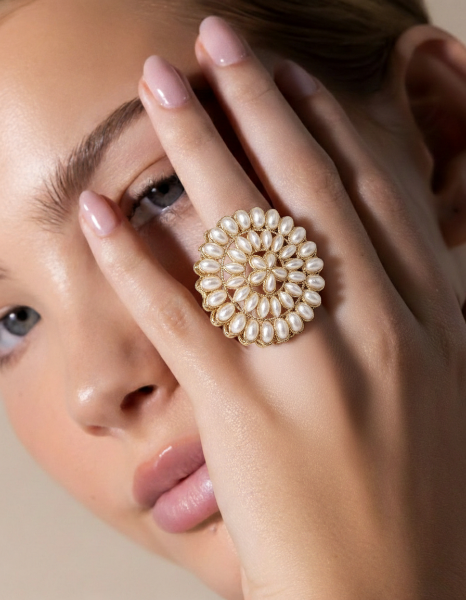 Gold Tone Pearls Flower Ethnic Adjustable Finger Ring