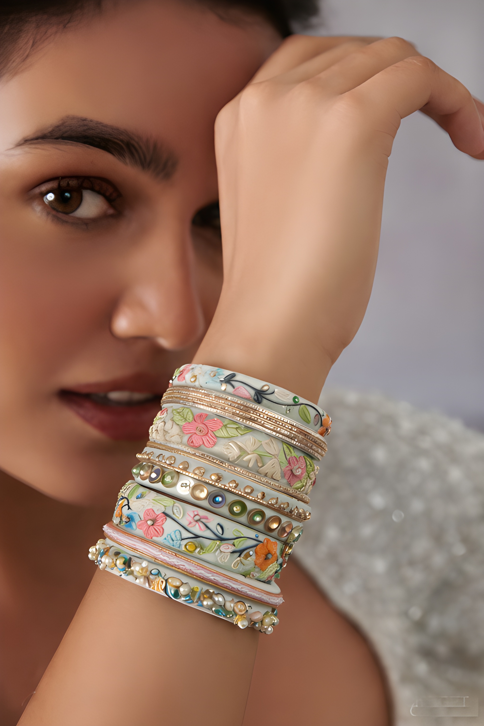 Pastel green beads work handmade bangles (8 Bangles)