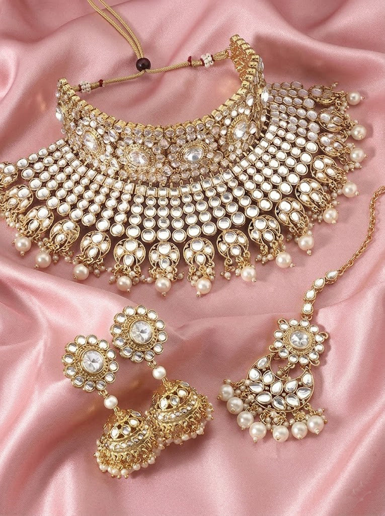 Rani Padmavati Kundan Pearl Studded Bridal Choker with Earrings Maang Tikka Jewelry Set