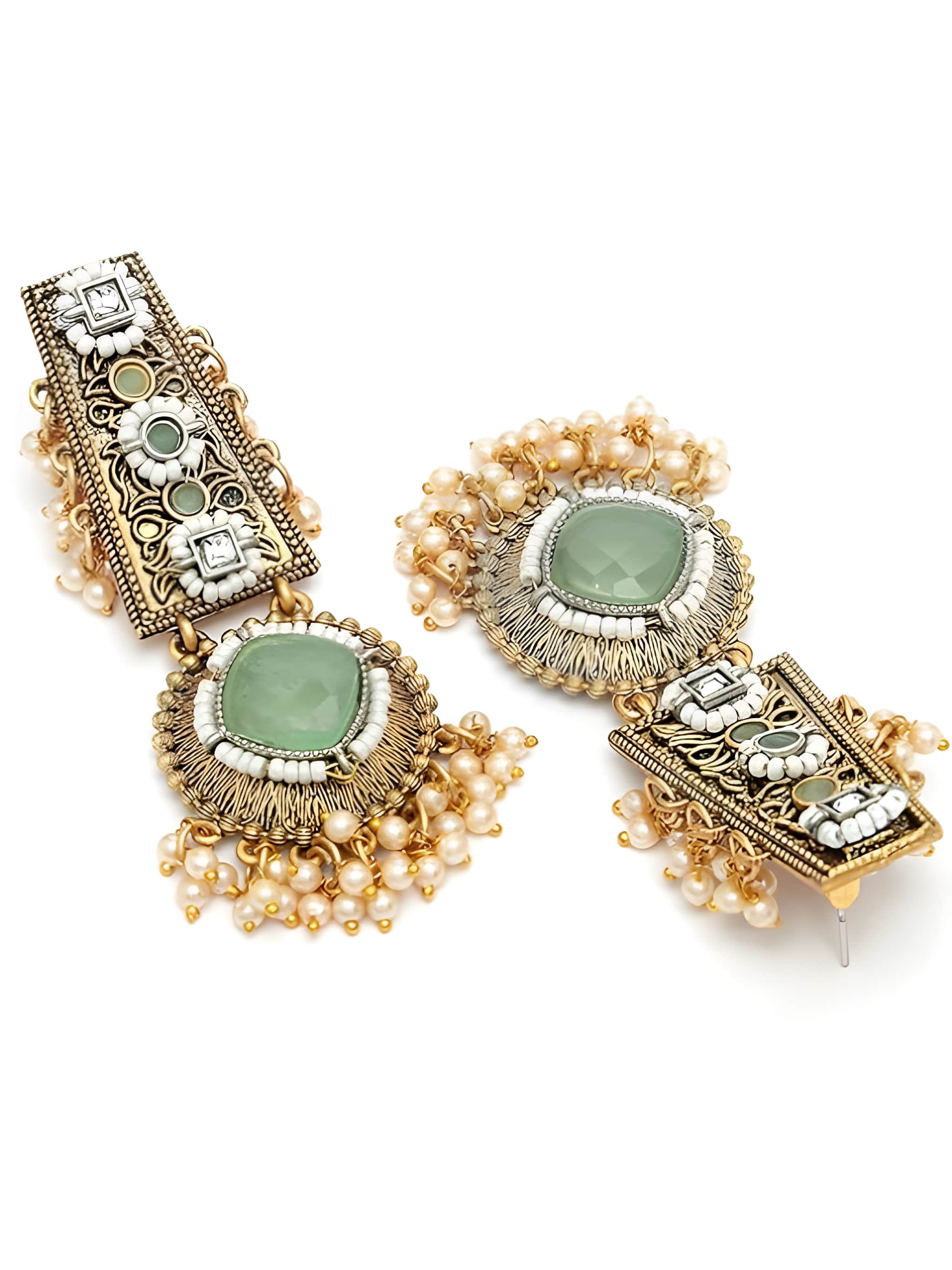 Gold Plated Lime Green Stone Floral Design Kundan Drop Earrings
