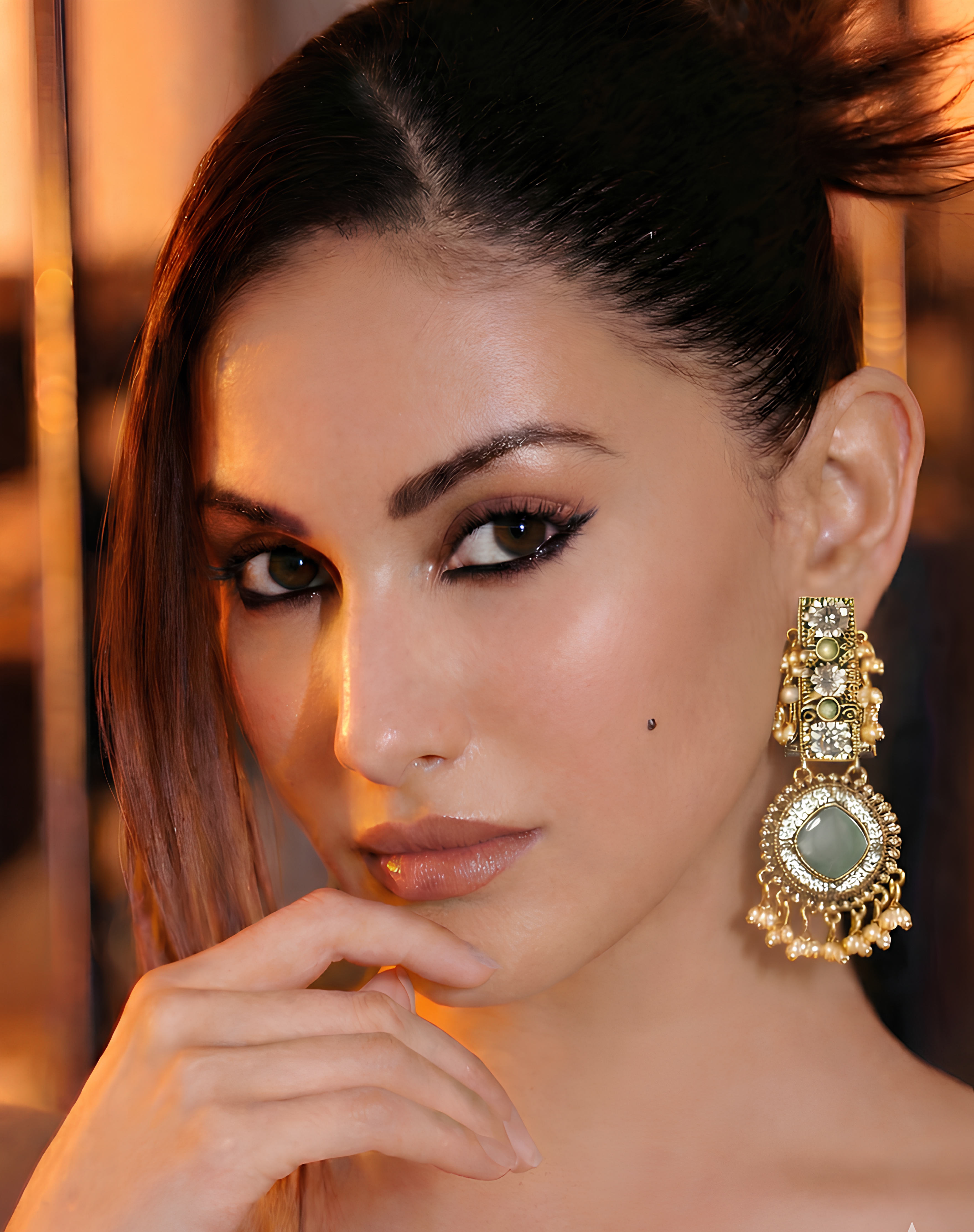 Gold Plated Lime Green Stone Floral Design Kundan Drop Earrings