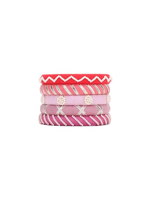 Handmade pastel shaded white beads work thread bangles, (5 Bangles)