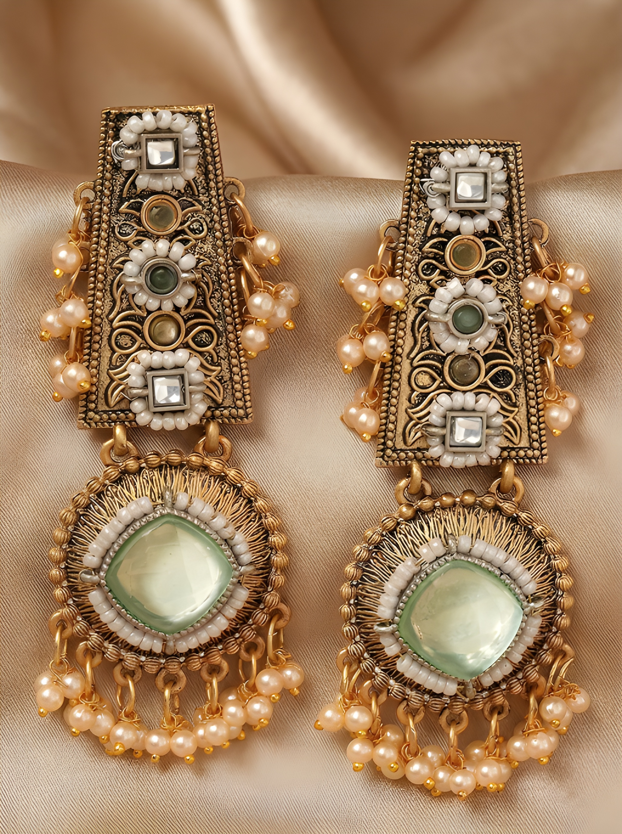 Gold Plated Lime Green Stone Floral Design Kundan Drop Earrings