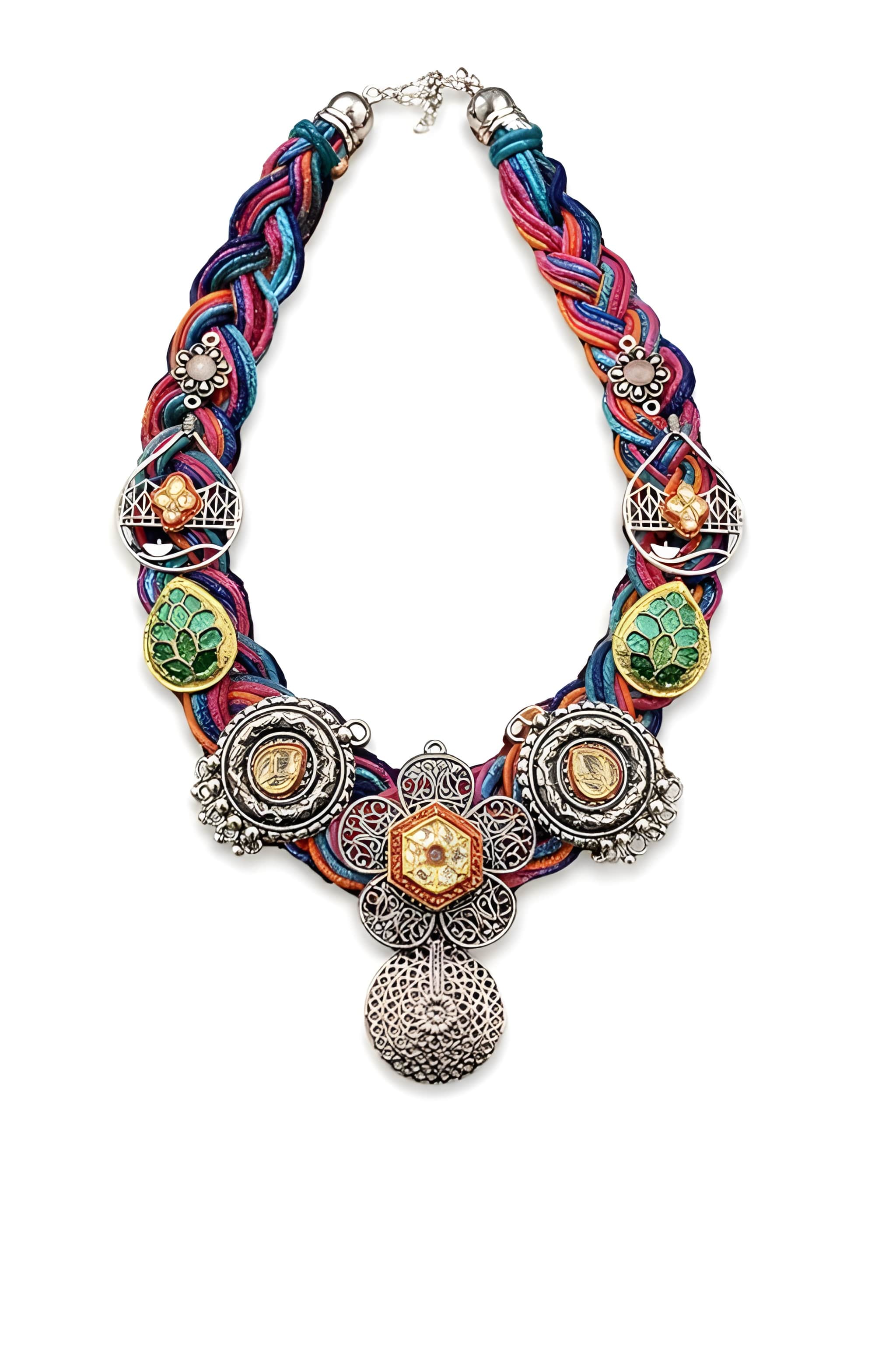 Handcrafted Boho Braided Jute Statement Necklace with Metal Motifs