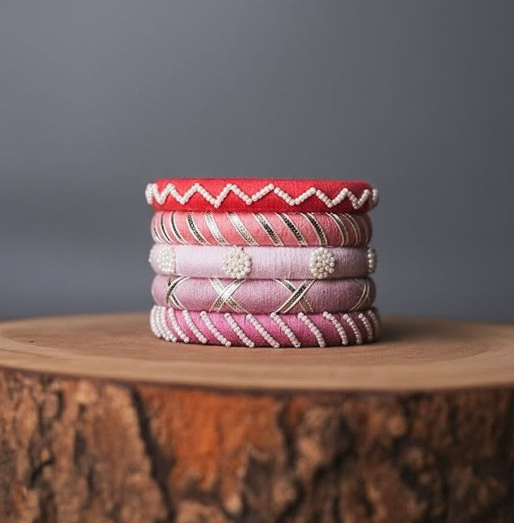 Handmade pastel shaded white beads work thread bangles, (5 Bangles)
