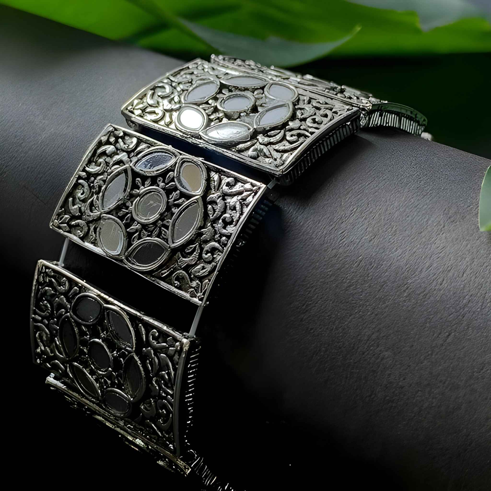 Silver Oxidized Afghani Traditional Mirror Work Stretch Bracelet