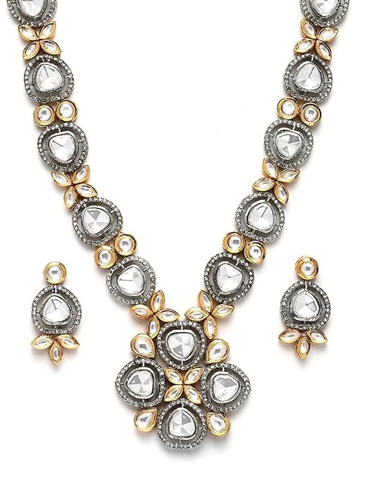 Antique Silver and Gold Plated Polki Kundan Rani Haar Necklace Set