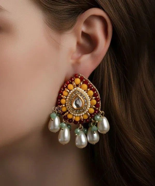 Multi-Color Enameled Kundan Earrings With Pearls And Beads