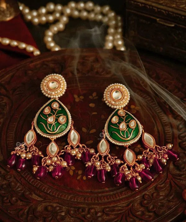 Grand Artistic Enamel Kundan Earrings with Pearls and Beads