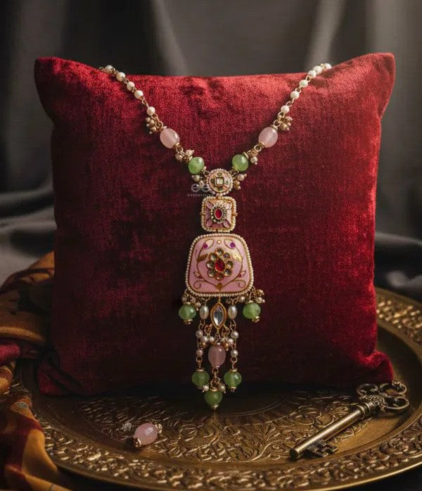 Pink Enamel work Pendant Necklace with Kundan and Pearls.