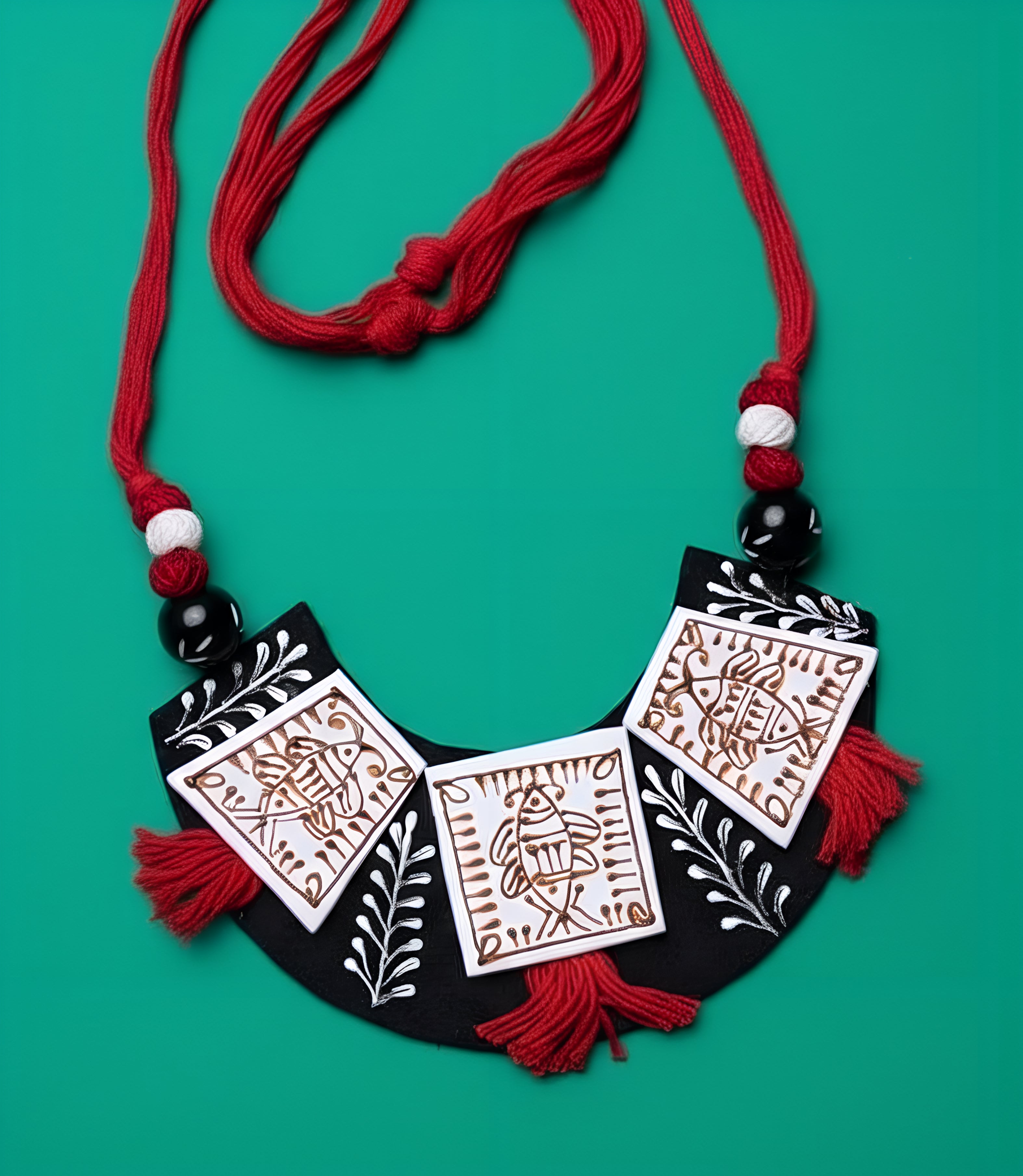Red and Black Ethnic Boho Necklace with Folk Fish Art/ Indian Handmade Jewelry
