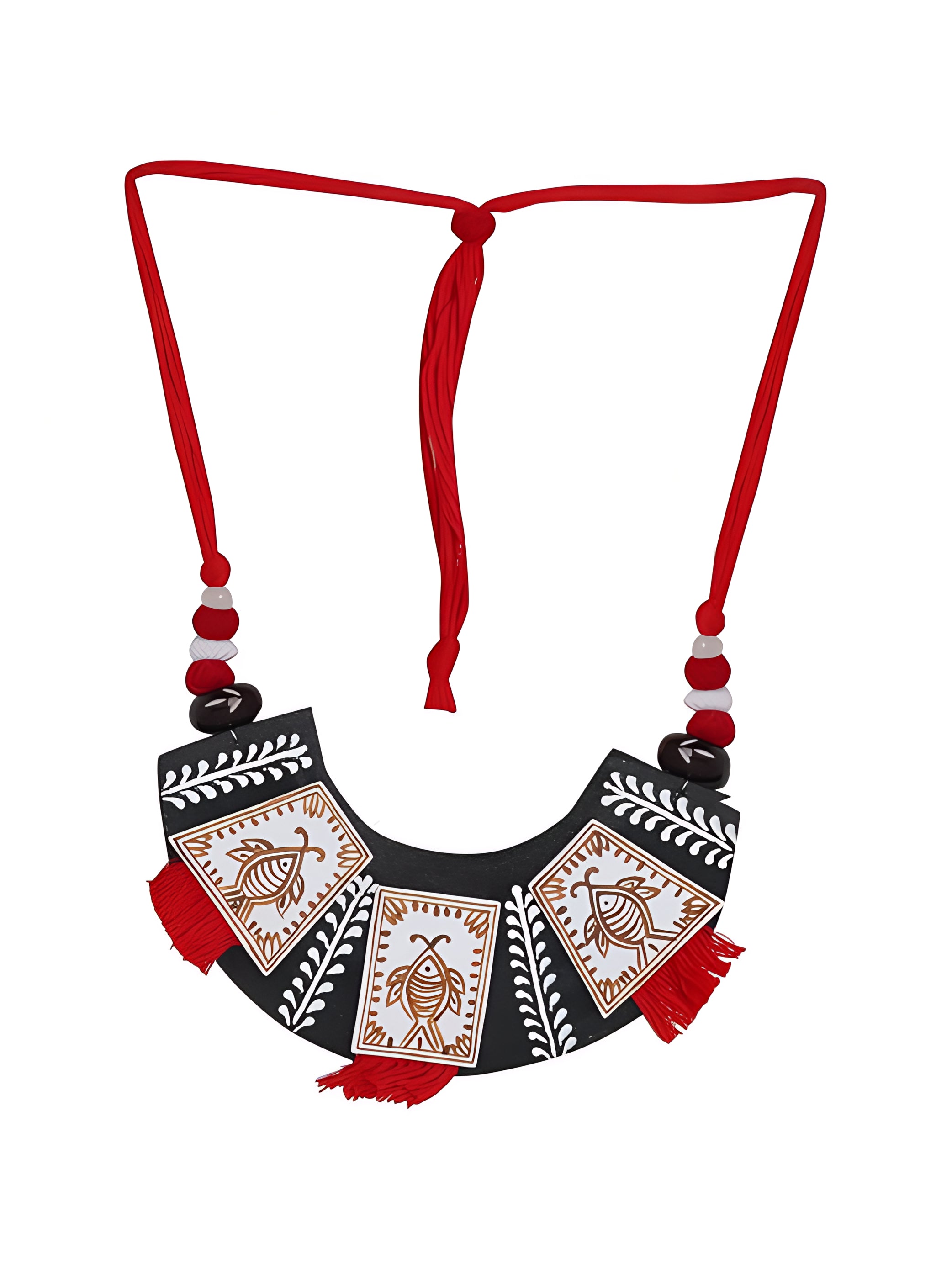 Red and Black Ethnic Boho Necklace with Folk Fish Art/ Indian Handmade Jewelry
