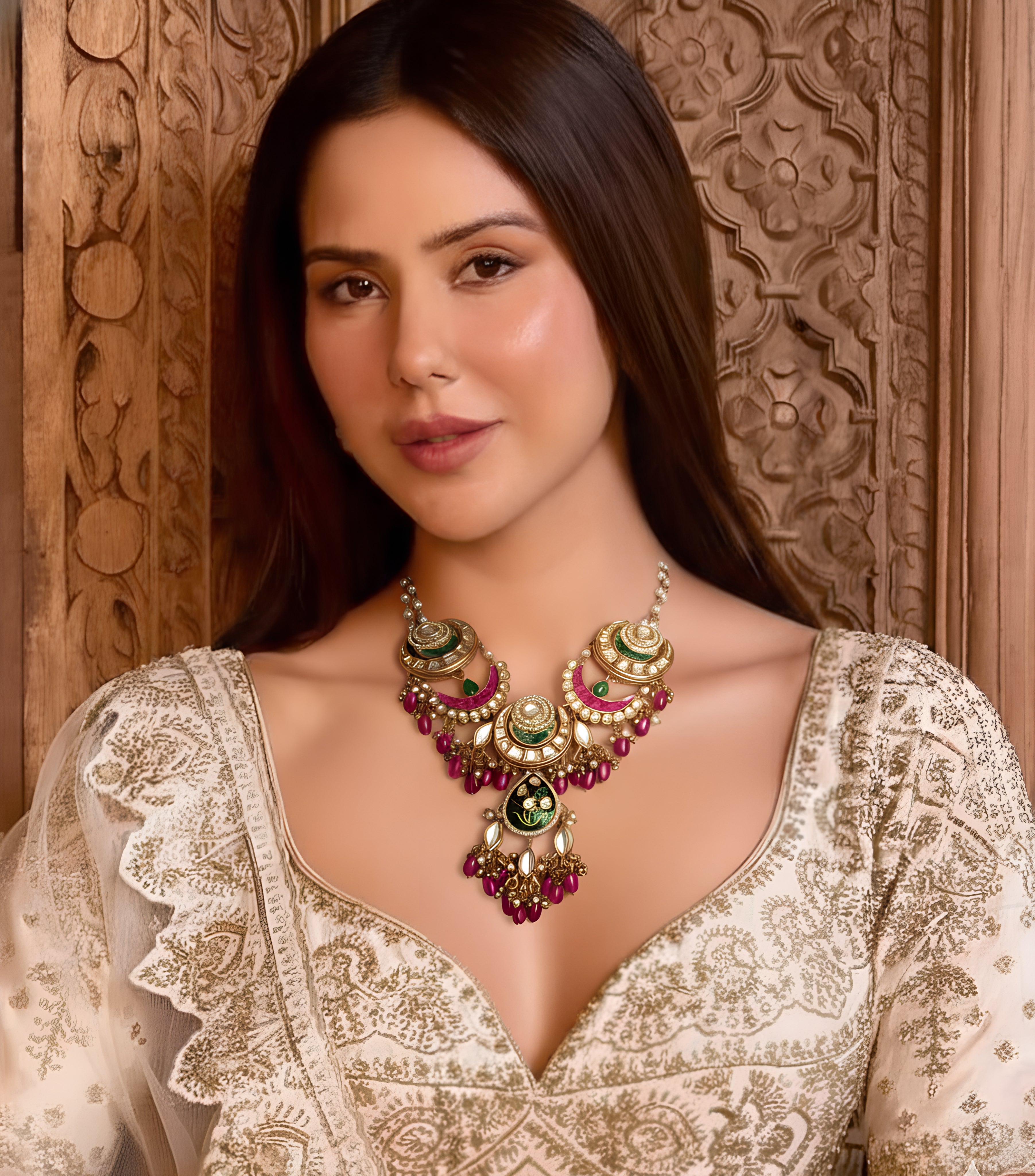 Grand Artistic Enamel Kundan Necklace with Pearls and Beads