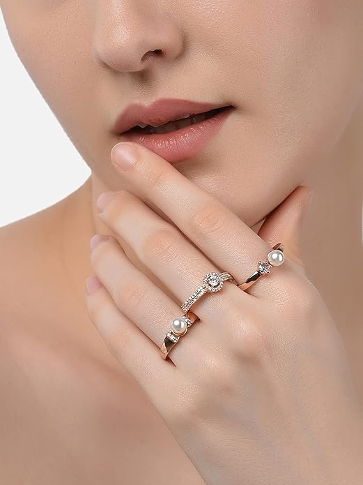 Set of 3 Rose Gold Contemporary Cubic Zirconia Adjustable Rings