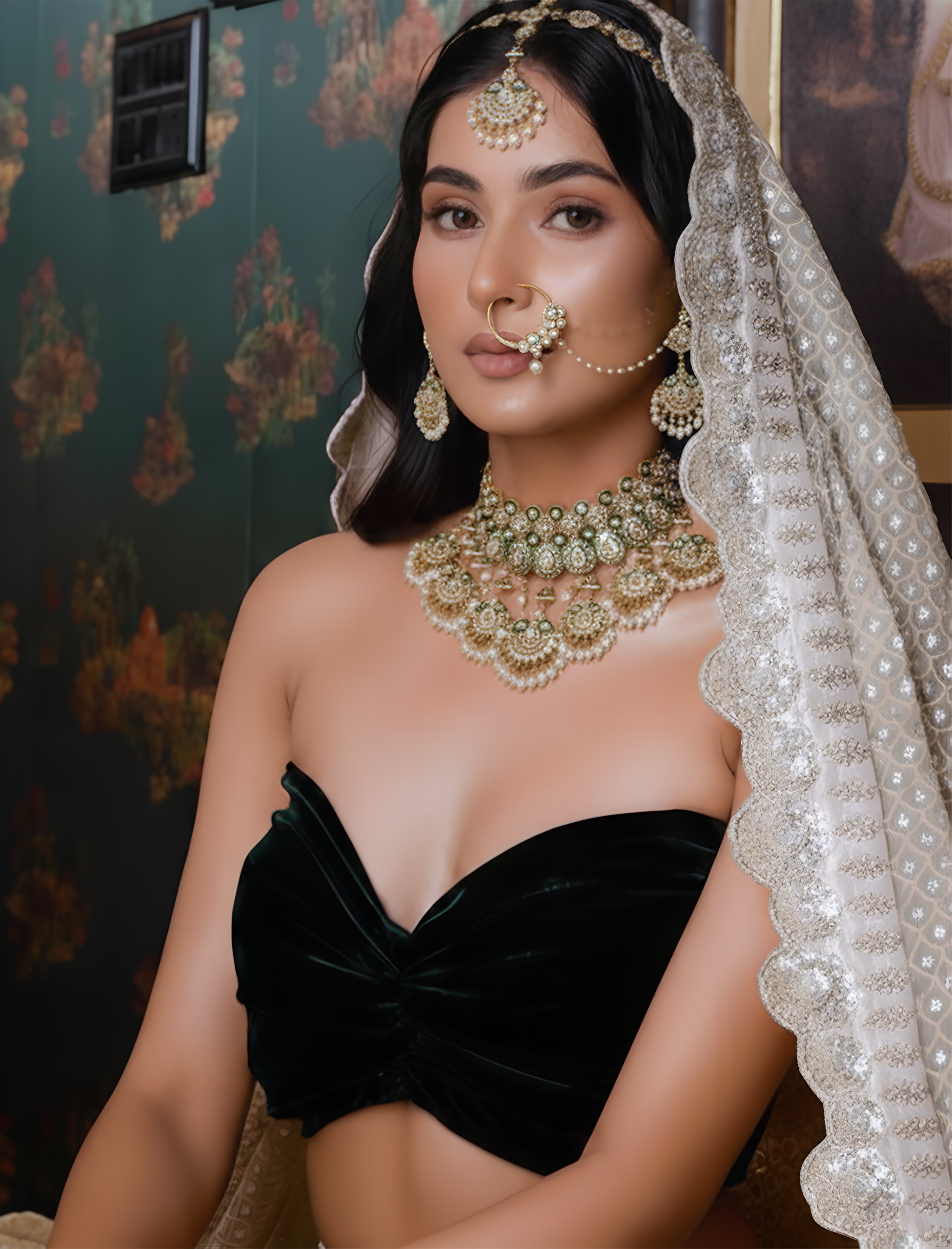 Comprehensive bridal jewelry set: necklace, earrings with chains, head jewelry and a nose ring