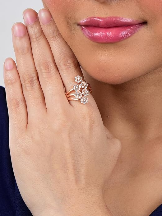 Rose Gold Plated Elegant American Diamond Studded Sparkling Adjustable Finger Ring