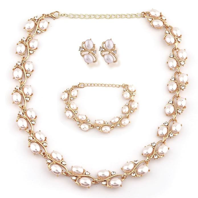Fancy Pearl Bracelet Earrings Necklace Jewellery Set for Women