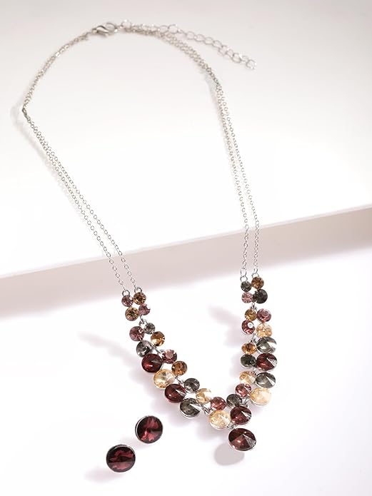 Rhodium Plated Multicolor Beaded Double-Layer Statement Necklace Set