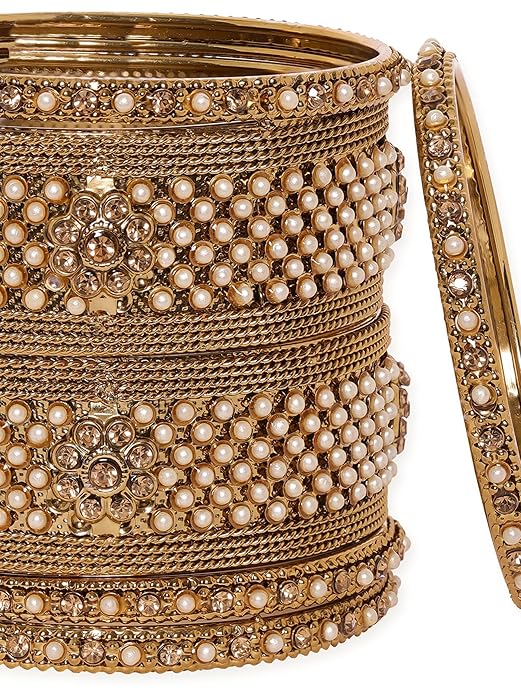 Set of 6 bangles embedded with antique-style pearl beads,