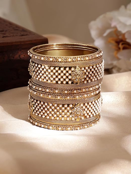 Set of 6 bangles embedded with antique-style pearl beads,
