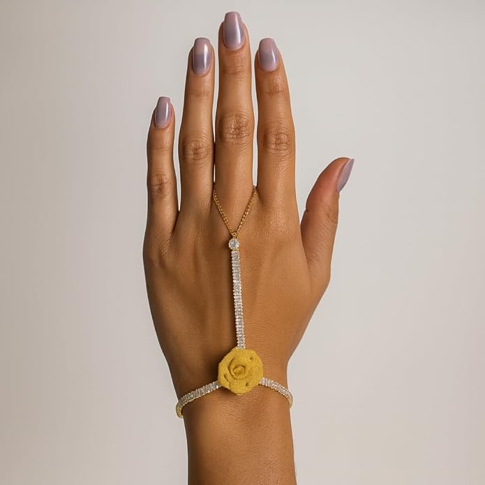 Golden finish floral design with white stone stud hath Phool, Panja, Adjustable hand chain bracelet for women and girls