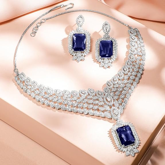 Blue American Diamond Zirconia Necklace Set