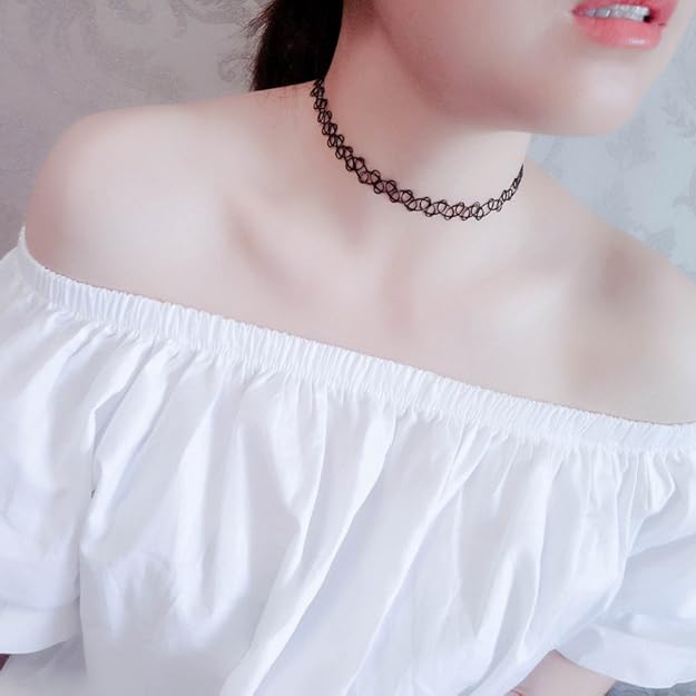 Combo Set of 7 Pieces Black Fabric Lace Collar Necklace