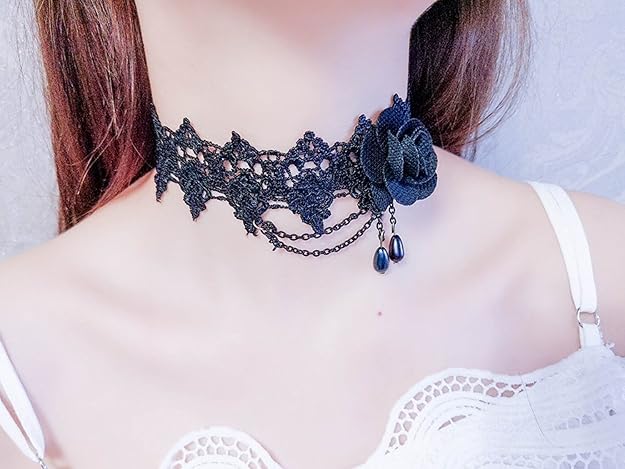 Combo Set of 7 Pieces Black Fabric Lace Collar Necklace