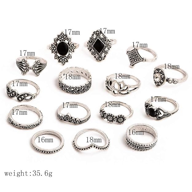 Set of 15 Boho Midi Finger Rings