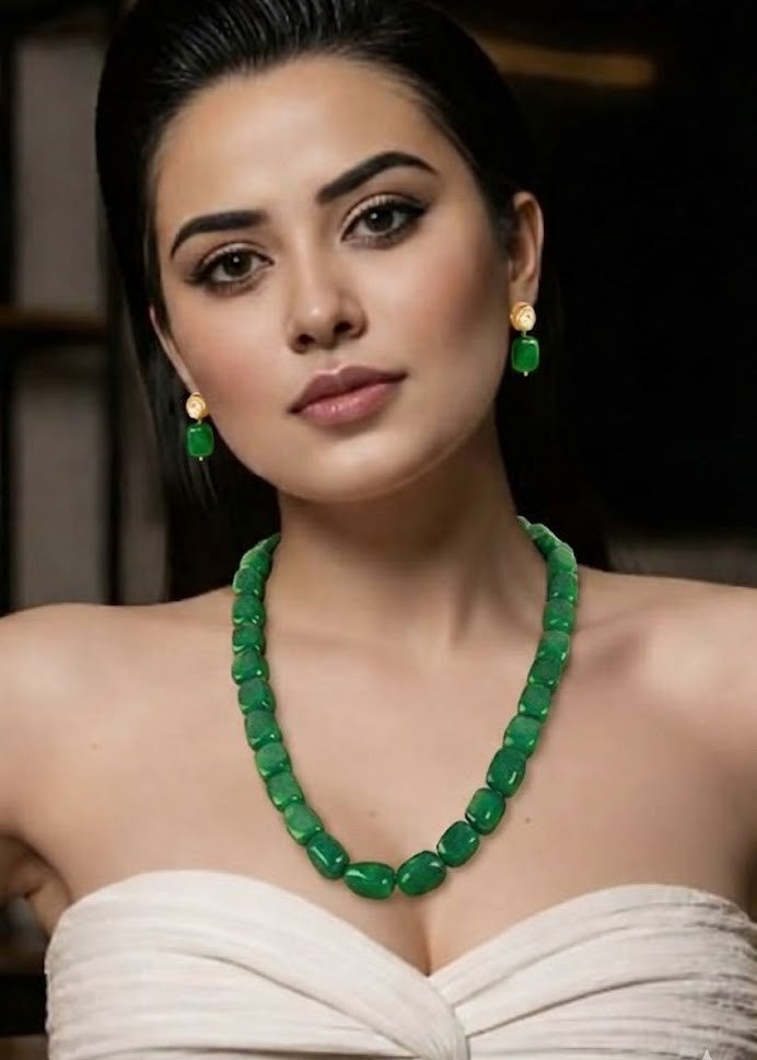 Green Tumble Gemstone Statement Mala Necklace with Earrings