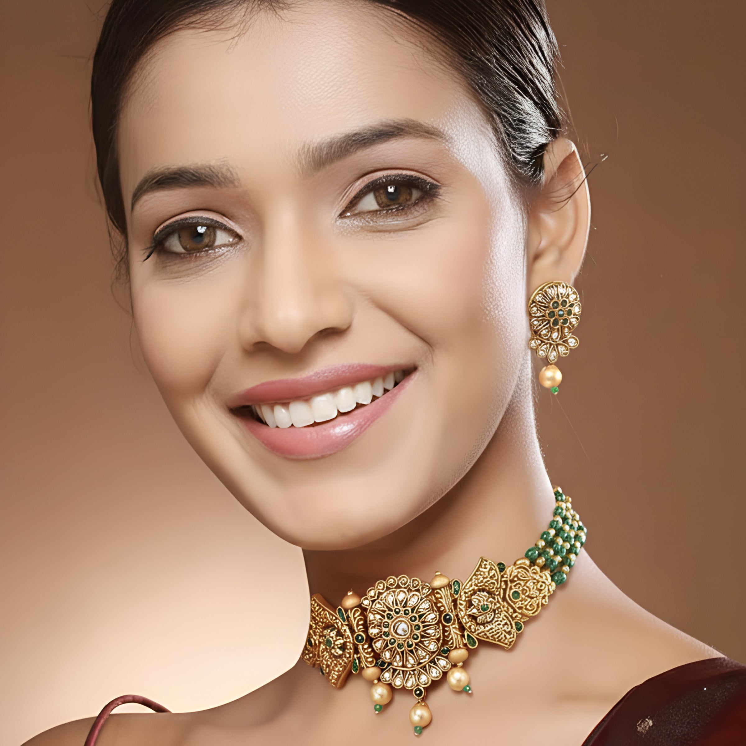 Pearl Studded, Gold Plated Indian Ethnic Choker Necklace Set