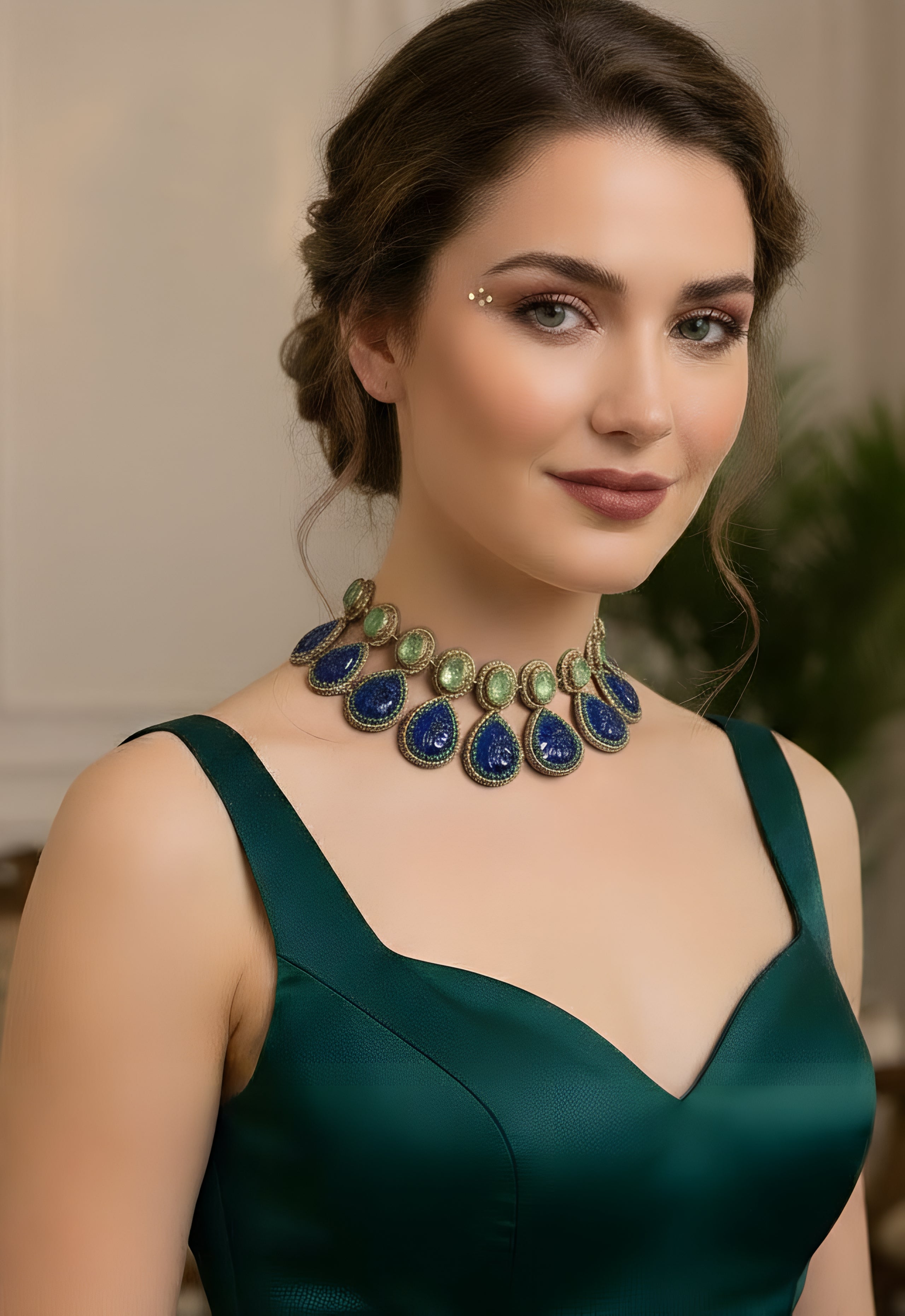 Golden Necklace Embedded with Blue Gemstones