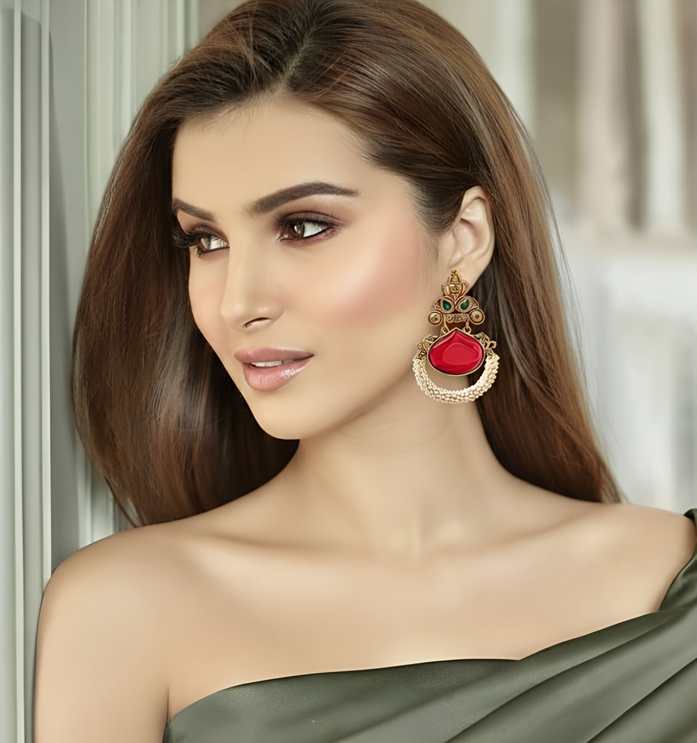 Red Stone Studded Gold Plated Drop Earrings for Women