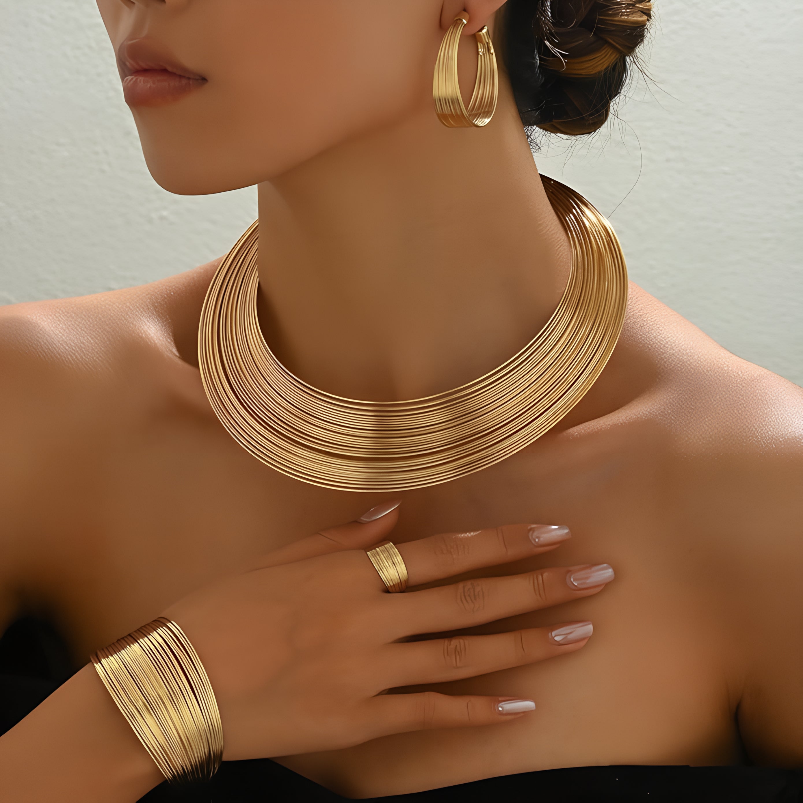 Gold Plated Jewelry Set : Choker Necklace, Cuff Bracelet ,Earrings, Ring