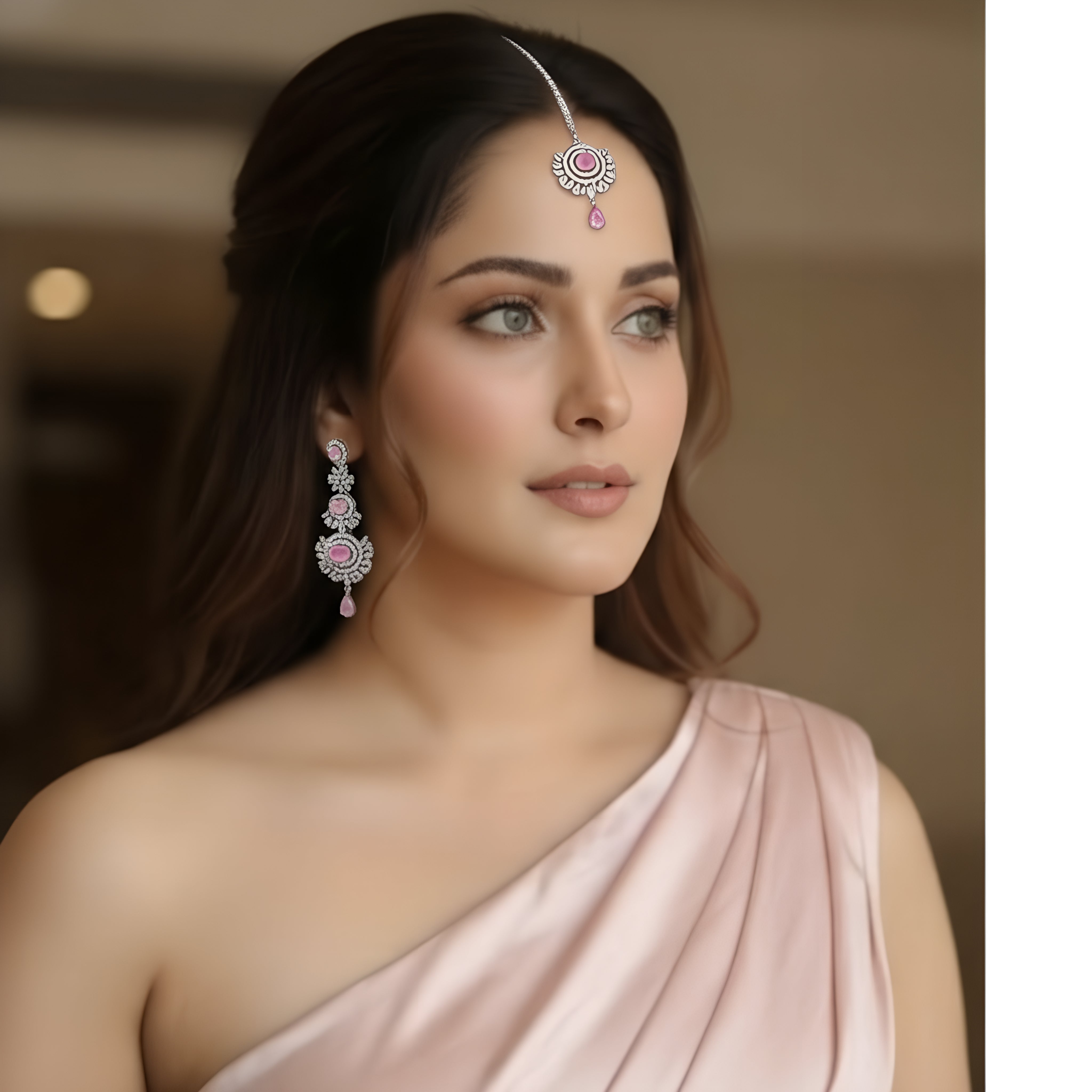 American Diamond Studded Maang Tikka /head jewelry & Earrings Set