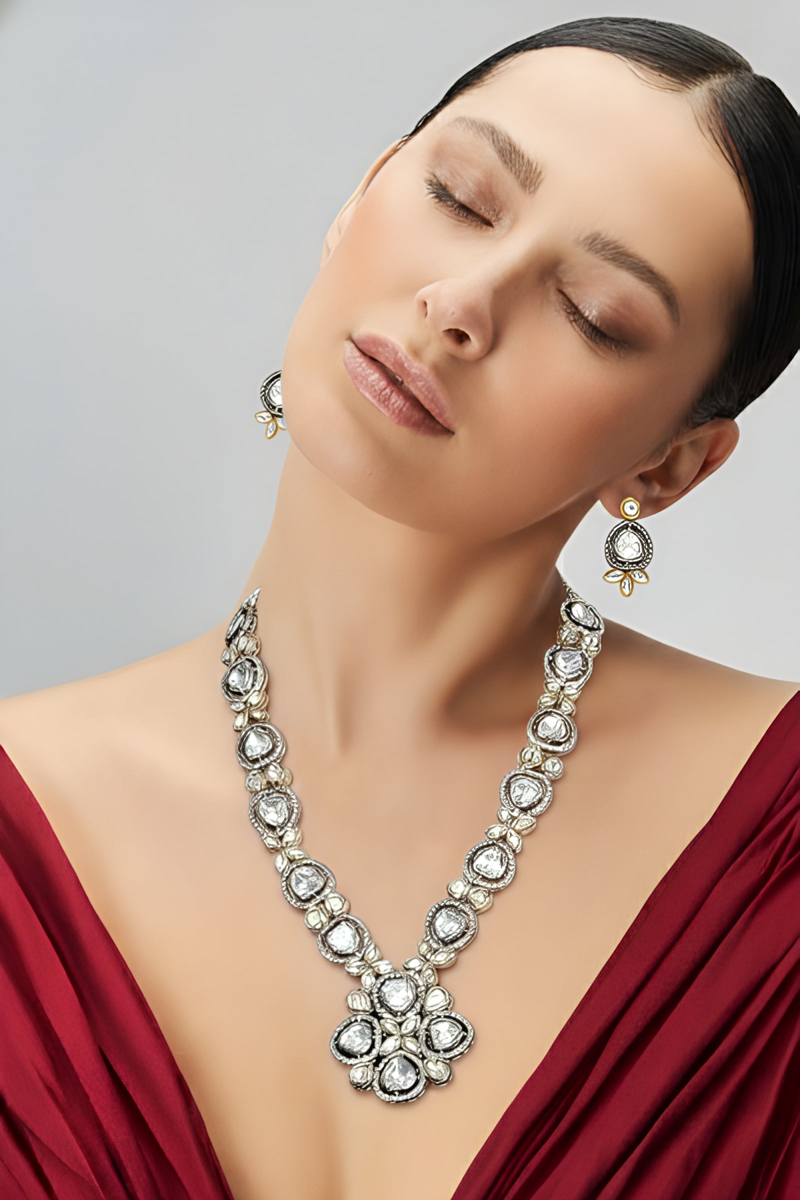 Antique Silver and Gold Plated Polki Kundan Rani Haar Necklace Set