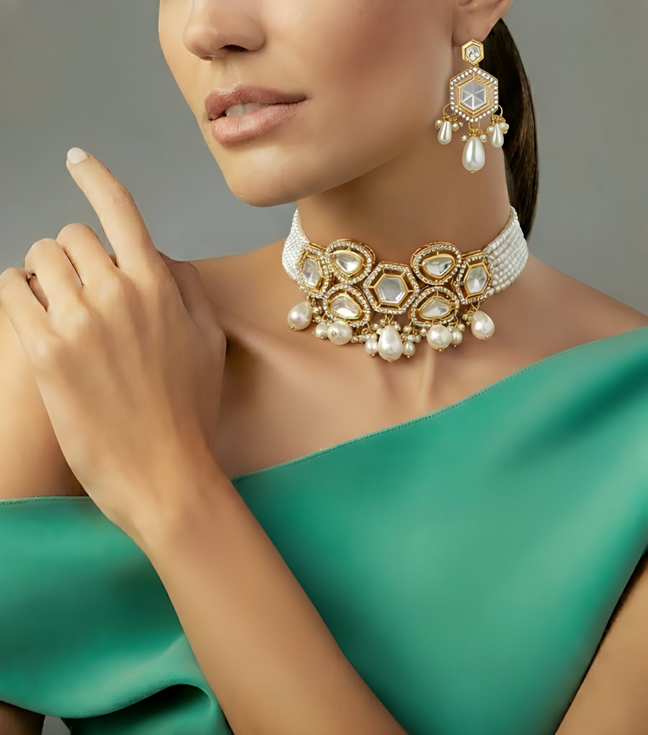 Pearl Beaded Polki Kundan Choker Necklace Set for Women
