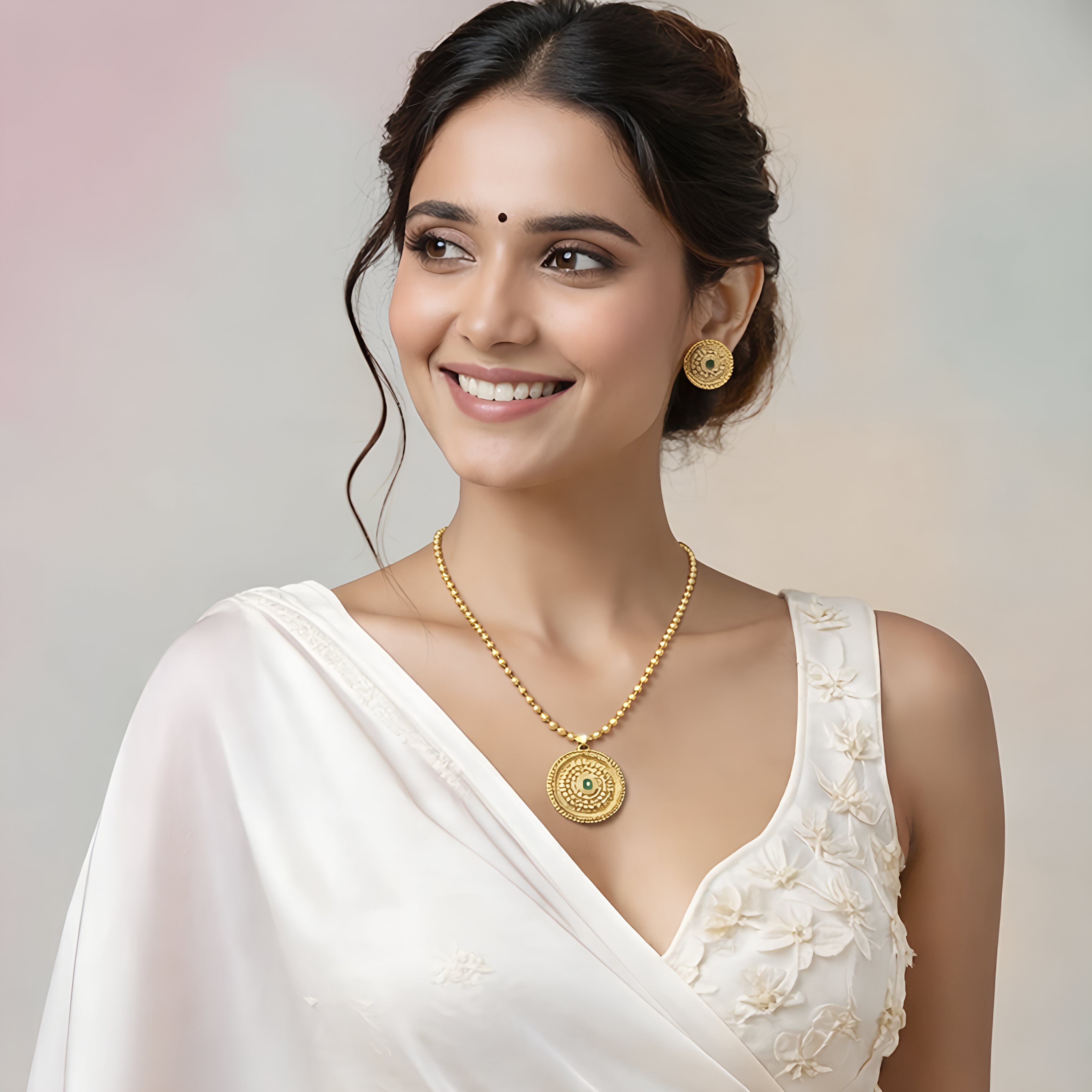 Gold-Plated Green Stone And Golden Beads Ethnic Jewelry Set