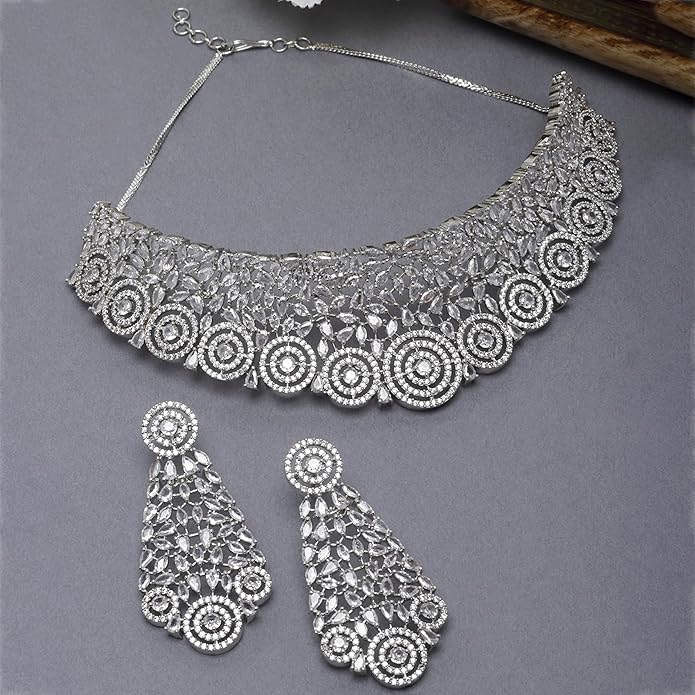 Jewelry Set: Rhodium-Plated Silver CZ Choker Necklace with Earrings