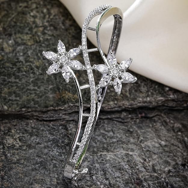 American Diamond Studded Contemporary Silver Plated Flower Crystal Bracelet