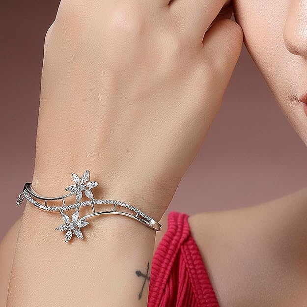 American Diamond Studded Contemporary Silver Plated Flower Crystal Bracelet