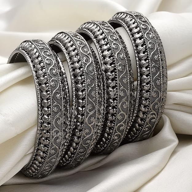 Set Of 4 Oxidized Silver-Plated Classic Intricate Textured Bangles / Bracelets