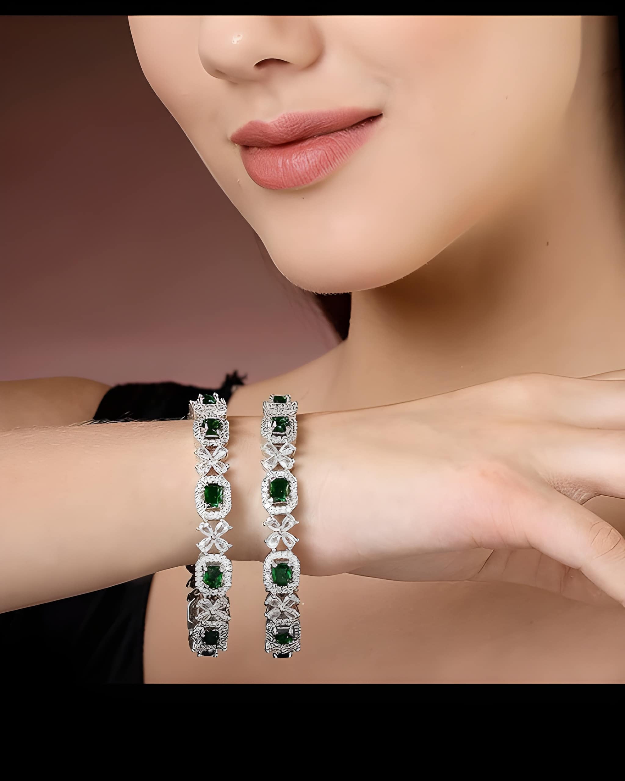 Rhodium-Plated Silver Toned American Diamond studded Bangle Set Of 2