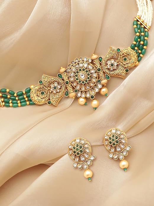 Pearl Studded, Gold Plated Indian Ethnic Choker Necklace Set