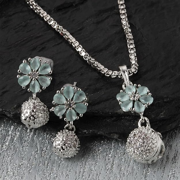 Jewelry Set: Green CZ Floral Pendant with Earrings