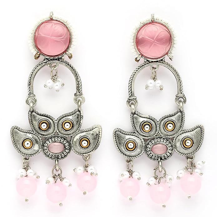 Oxidized Half Floral Shaped Cubic Zirconia Studded Pearl Beaded Boho Earrings