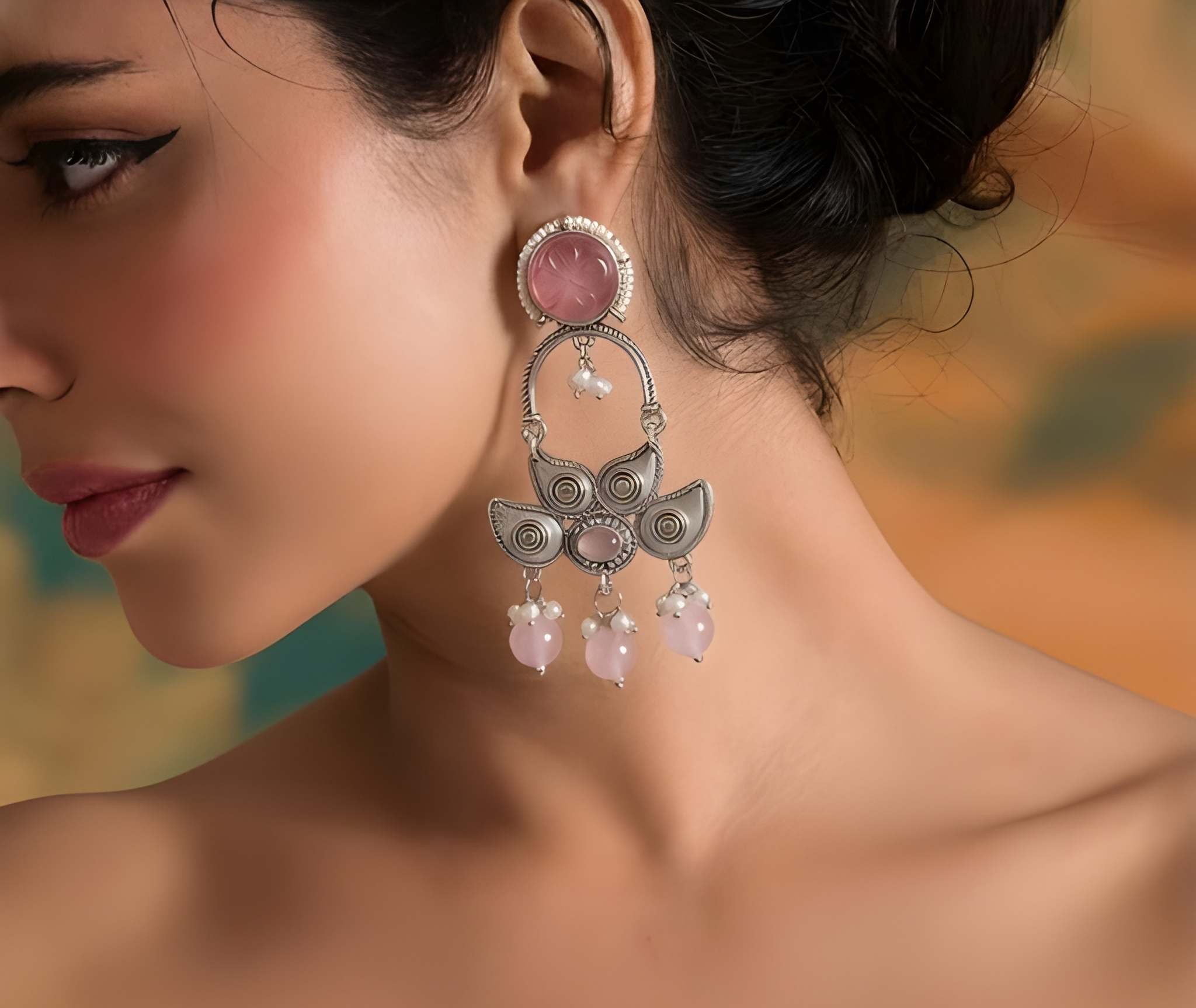 Oxidized Half Floral Shaped Cubic Zirconia Studded Pearl Beaded Boho Earrings
