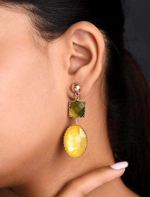 Dual Tone Green and Yellow Stone Drop Earrings